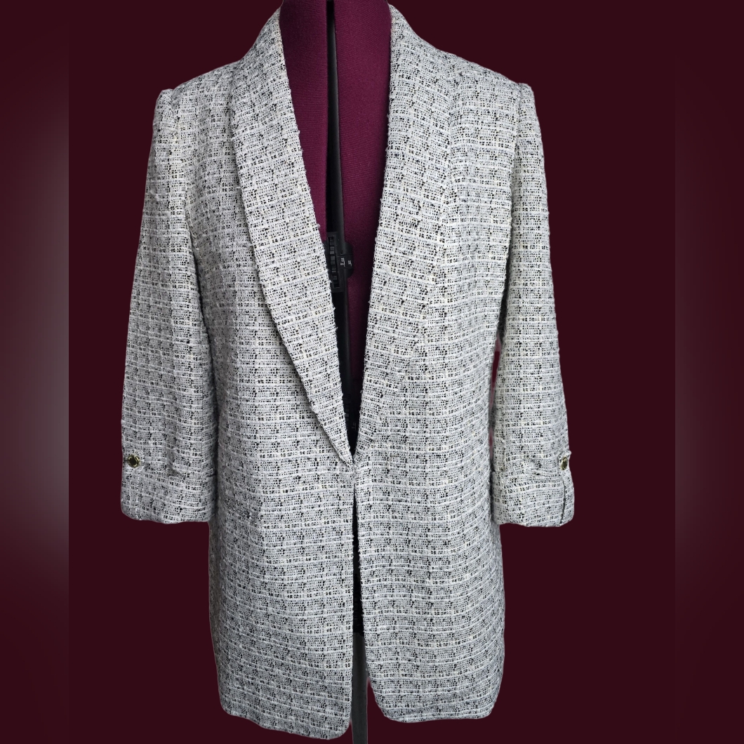 Anne Klein Classic Tweed Gray Blazer Black And Gold Specks Size M Work Career